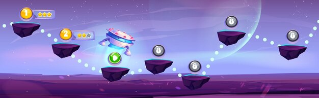 Mapa de progreso del juego de arcade en fondo espacial Ilustración de dibujos animados vectoriales de aviones alienígenas que viajan entre islas flotantes para recolectar puntos de bonificación estrellas doradas e iconos de bloqueo en plataformas de piedra