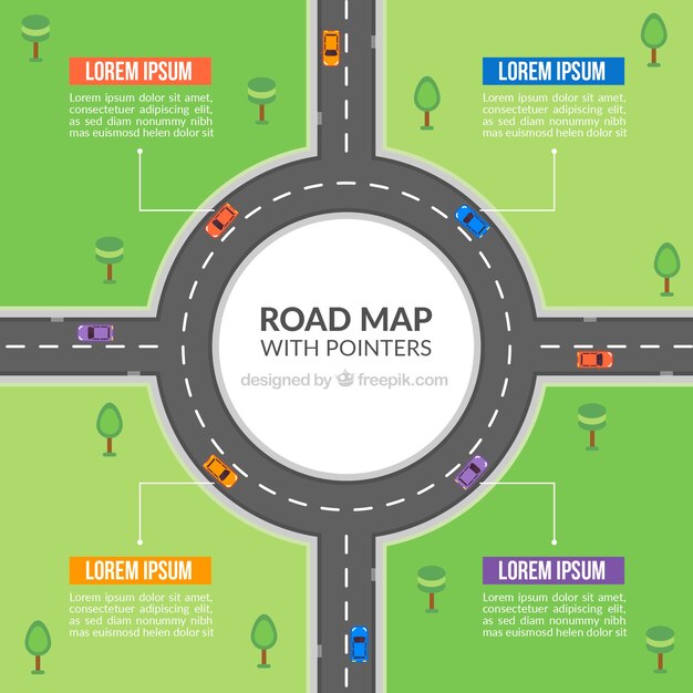 Mapa de ruta con punteros en estilo plano