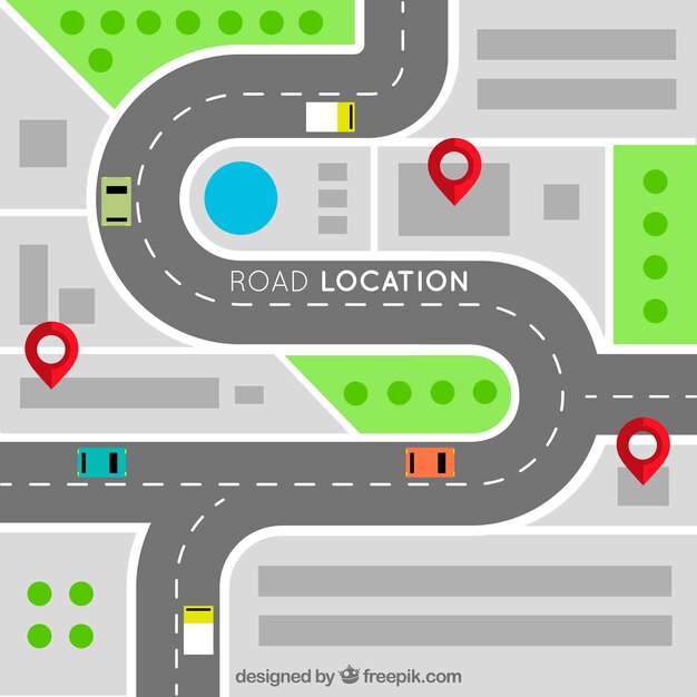 Mapa de ruta con punteros en estilo plano