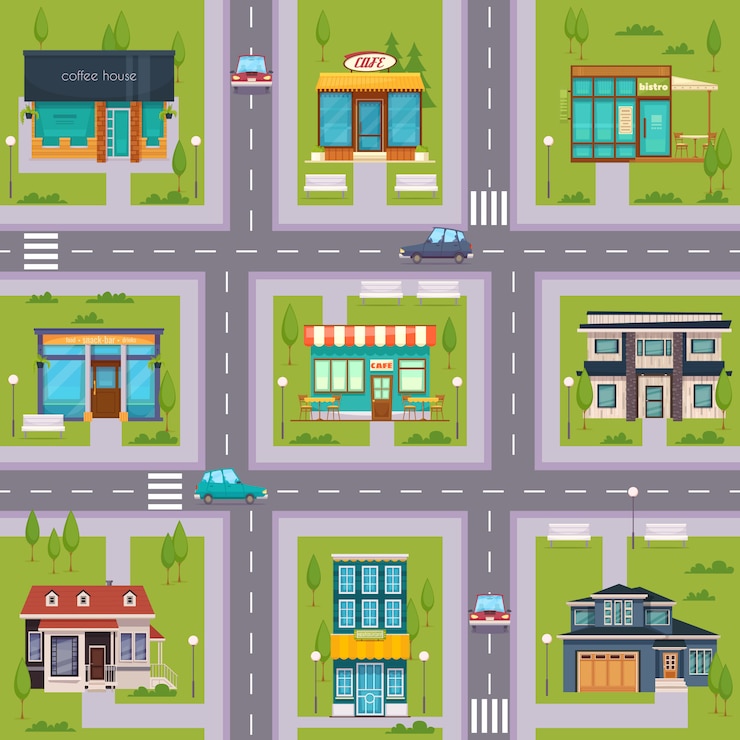 Vector gratuito mapa de suburb street cafe sin costura