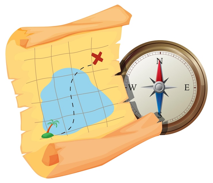Vector gratuito mapa del tesoro antiguo con ilustración de brújula