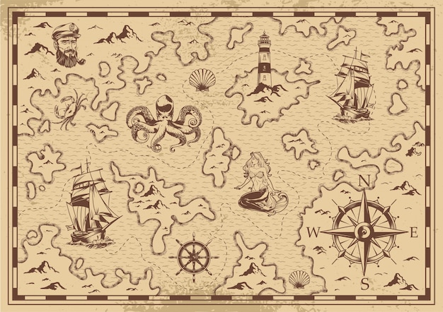Mapa del tesoro pirata viejo monocromo vintage