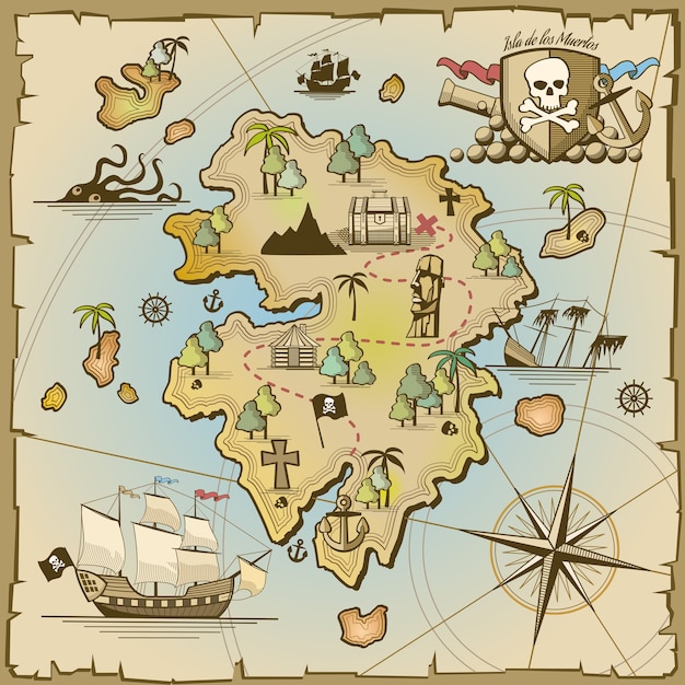 Mapa del vector de la isla del tesoro pirata. barco de mar, océano de aventuras, calavera y papel, arte de navegación e ilustración de cañón