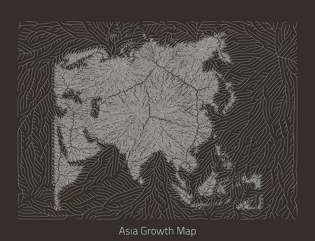 Mapa vectorial de asia estructura de crecimiento generativo en forma de continente textura orgánica con siluetas geográficas
