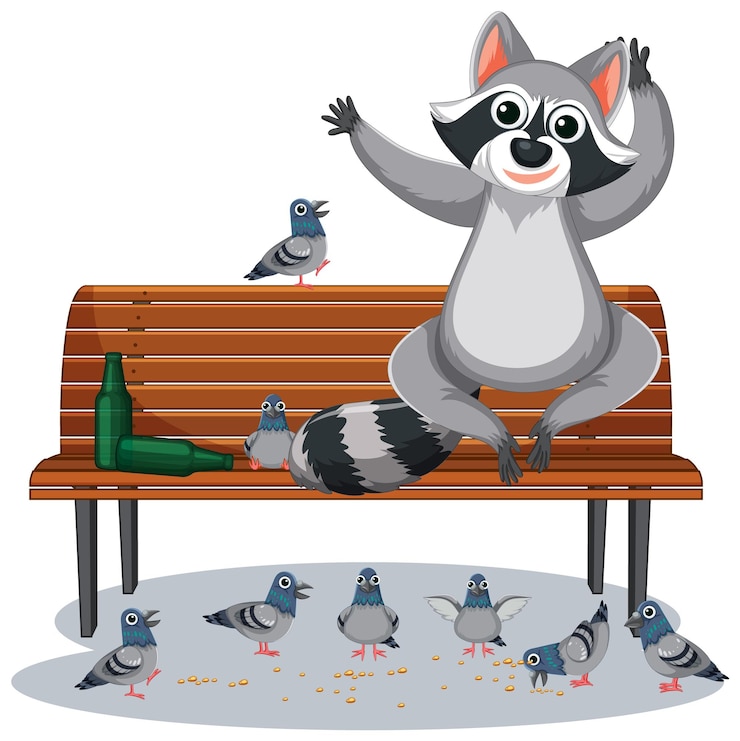 Vector gratuito el mapache juguetón en el banco del parque se divierte alimentándose