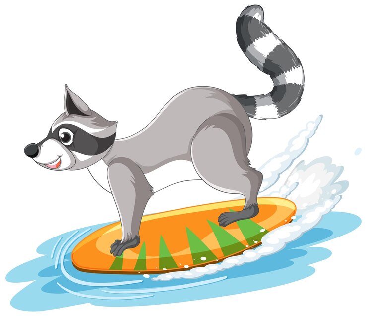 Vector gratuito mapache surfeando en el agua
