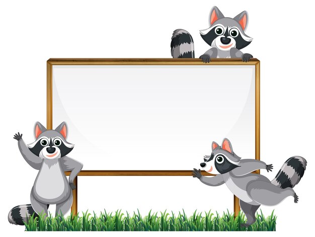 Mapaches alrededor de un marco de madera una ilustración de dibujos animados vectoriales