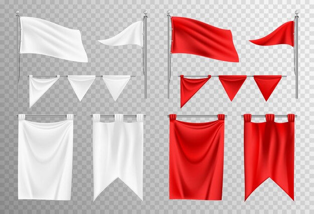 Maqueta de bandera blanca y roja ondeante realista de diferentes formas aisladas contra la ilustración de vector de fondo transparente