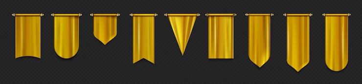 Vector gratuito maqueta de banderas de banderín de oro, pancartas de oro en blanco