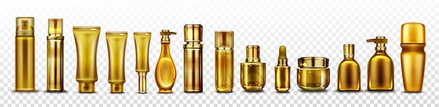 Maqueta de botellas de cosméticos dorados, tubos de cosméticos dorados para esencia,