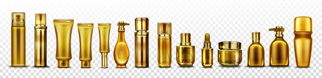 Maqueta de botellas de cosméticos dorados, tubos de cosméticos dorados para esencia,