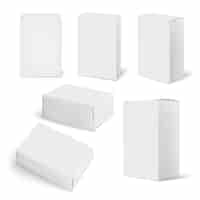 Vector gratuito maqueta de caja blanca realista con imágenes aisladas de cajas de embalaje en blanco similares en la ilustración de vector de fondo en blanco
