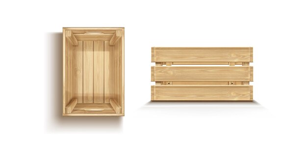 Maqueta de caja de madera en fondo blanco
