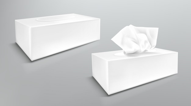 Maqueta de caja de servilletas de papel, cierre y abra paquetes en blanco con toallitas de tejido vista lateral. Accesorios de higiene, paquetes de cartón blanco aislados sobre fondo gris, ilustración realista 3d, maqueta