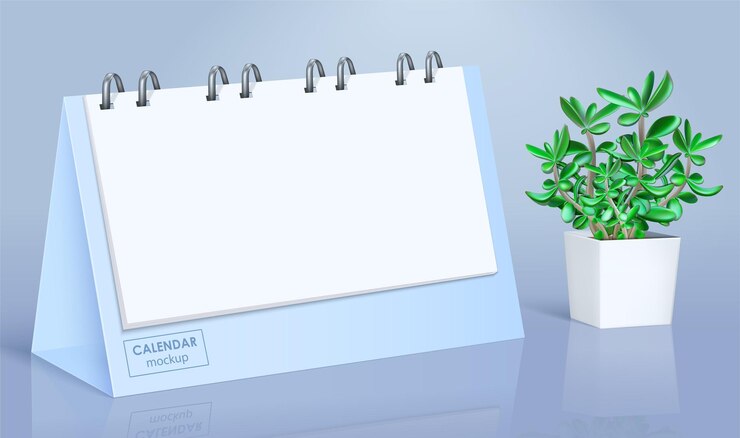 Vector gratuito maqueta de calendario en espiral en blanco realista con hojas blancas en un escritorio brillante con ilustración de vector de maceta pequeña