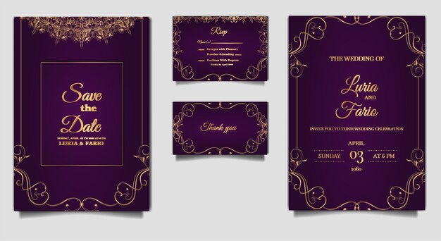 Maqueta de conjunto de diseño de tarjeta de invitación de boda elegante de lujo