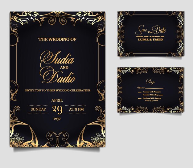 Maqueta de conjunto de tarjeta de invitación de boda elegante de lujo