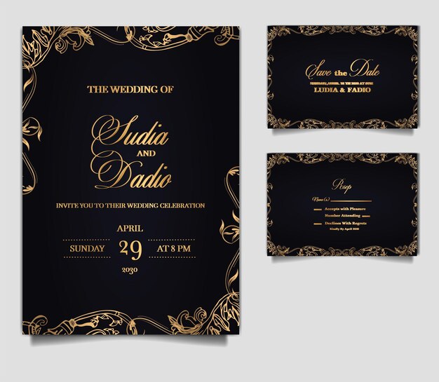 Maqueta de conjunto de tarjeta de invitación de boda elegante de lujo