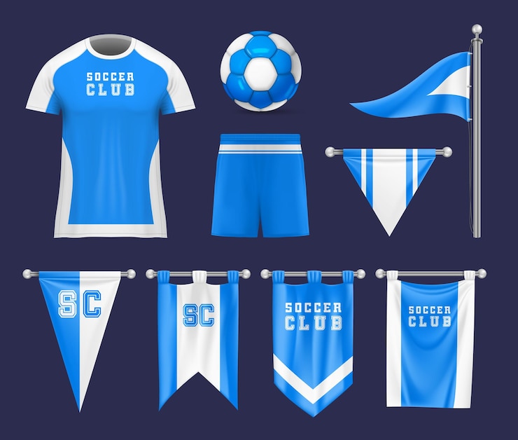 Vector gratuito maqueta de fútbol de bandera realista con imágenes aisladas de pelota uniforme y banderines con ilustración de vector de emblema