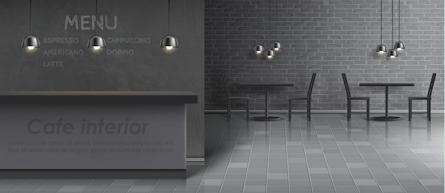 Vector gratuito maqueta del interior del café con barra de bar vacía, mesas y sillas, lámparas de techo