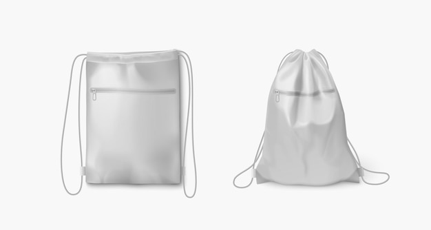 Maqueta de mochila blanca con una cuerda de arrastre delgada y larga