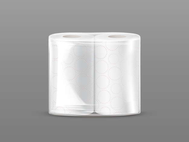 Maqueta del paquete de la toalla de papel con el embalaje transparente aislado en fondo gris.