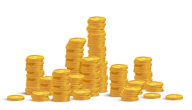 Maqueta de pilas de monedas de oro Riqueza de montón de efectivo aislada sobre fondo blanco
