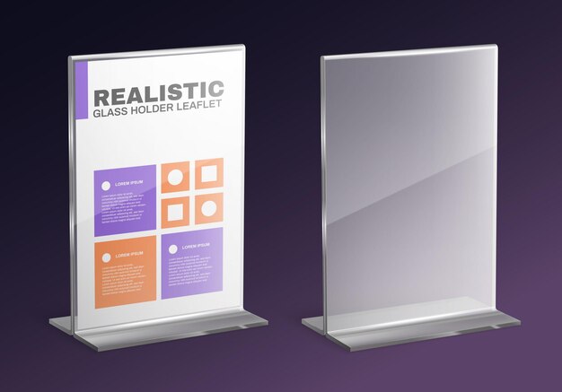 Maqueta de plexiglás del titular de la tarjeta de mesa con folleto insertado ilustración vectorial realista