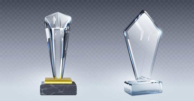 Maqueta de premio de vidrio con placa transparente vacía en la base Conjunto de ilustración vectorial realista de trofeo de cristal para competencia deportiva o logro comercial y premio de reconocimiento Copa ganadora de acrílico