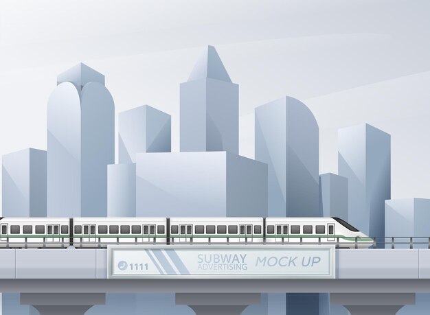 Maqueta de publicidad de metro en puente ferroviario con tren de metro y paisaje urbano en ilustración de vector realista de fondo