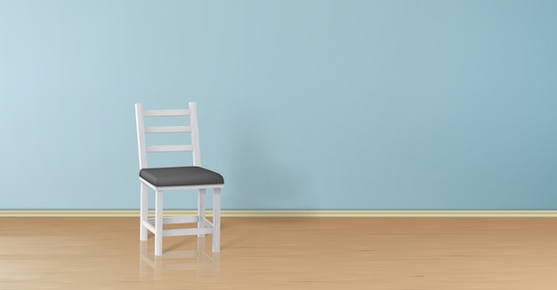 Maqueta realista 3d con la silla de madera blanca aislada en la pared azul