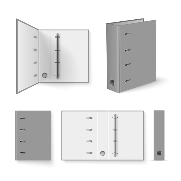 Maqueta realista de la carpeta de la oficina para documentos comerciales con anillos de metal y cubierta gris ilustración vectorial aislada