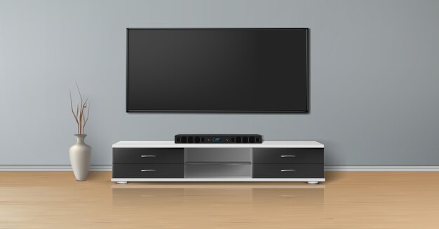 maqueta realista de una habitación vacía con televisor de plasma en una pared gris plana, sistema de cine en casa