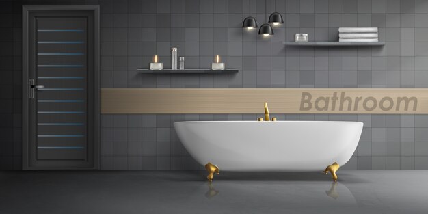 Maqueta realista del interior del baño con una gran bañera de cerámica blanca, grifo de metal dorado