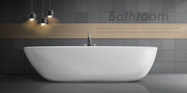 Maqueta realista del interior del baño con una gran bañera de cerámica blanca, grifo de metal