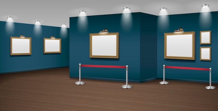 Vector gratuito maqueta realista del museo de la galería con marcos de exposición ilustración vectorial