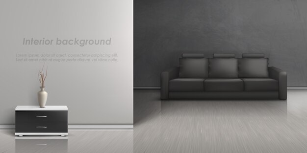 Maqueta realista de sala de estar vacía con sofá negro, mesita de noche con jarrón