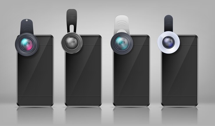 Vector gratuito maqueta realista, smartphones negros con varias lentes de clip