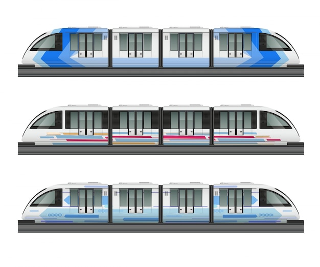 Maqueta realista de tren de pasajeros con vista lateral de tres trenes metropolitanos con varias ilustraciones de librea para colorear