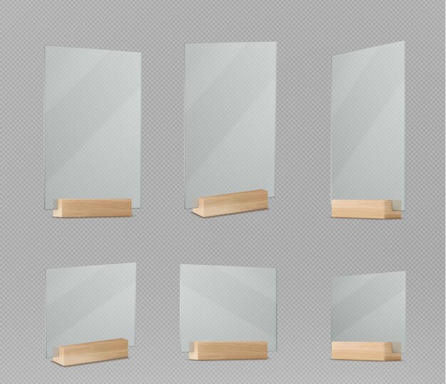 Maqueta de soporte de menú y tarjeta con base de madera y pantalla acrílica Soporte de mesa rectangular de plexiglás transparente Ilustración vectorial realista conjunto de plantilla de plástico para hablar en la oficina de escritorio