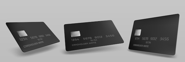 Maqueta de tarjeta de crédito negra, plantilla en blanco aislada con chip en gris