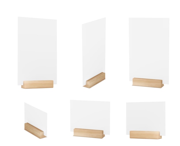 Maqueta de la tarjeta de menú en soporte de mesa soporte de madera para mostrar pancarta de papel o volante 3d carteles blancos en blanco de diferentes tamaños en soporte de escritorio vector conjunto realista