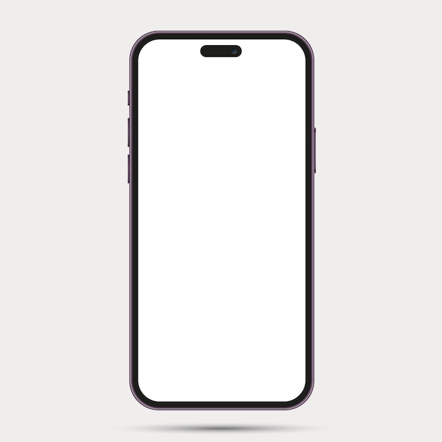 Maqueta de teléfono inteligente de vista frontal realista Marco púrpura de iphone móvil con pantalla blanca en blanco Vector