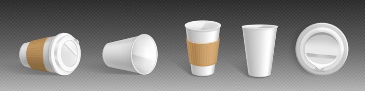 Vector gratuito maqueta de vector de taza de café de papel aislado blanco taza para llevar de plástico desechable vacía con tapa y manga maqueta recipiente de café realista para capuchino o café con leche con paquete de soporte ecológico marrón