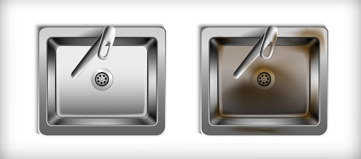 Vector gratuito maqueta vectorial realista lavabo de cocina de metal con y sin óxido