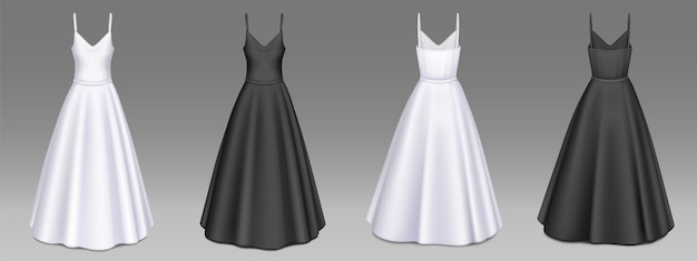 Maqueta de vestidos de mujer, vestidos largos blancos y negros.