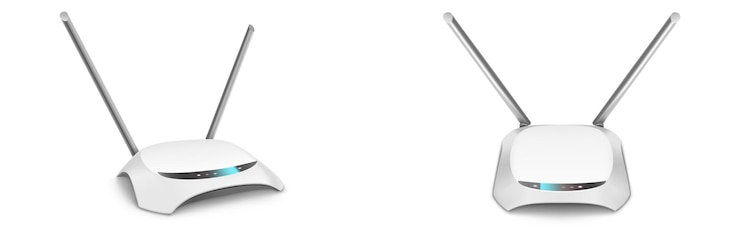 Vector gratuito maqueta de vista frontal y lateral del enrutador wifi, dispositivo doméstico en blanco con antenas para conexión inalámbrica a internet aislado sobre fondo blanco.