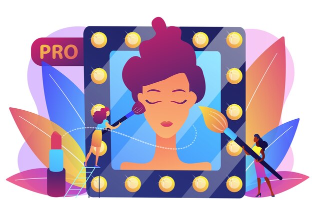 Maquilladores profesionales que aplican maquillaje con pincel en la cara de la mujer en el espejo. Maquillaje profesional, arte profesional, concepto de trabajo de artista de maquillaje.