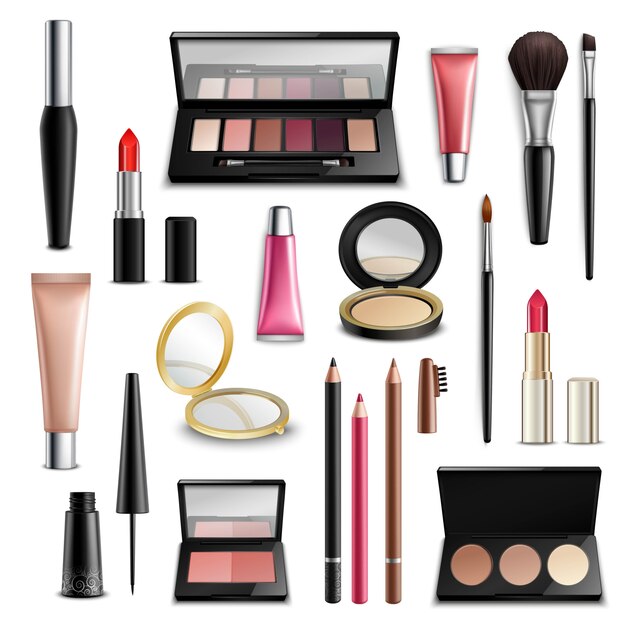 Maquillaje Cosmética Accesorios Realista. Colección de Artículos.