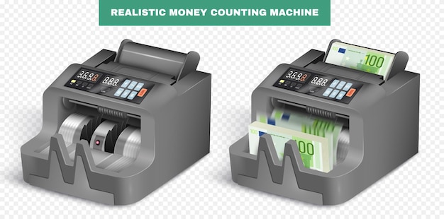 Máquina contadora de dinero realista con dos vistas aisladas de aparatos vacíos y cargados con ilustración vectorial de texto